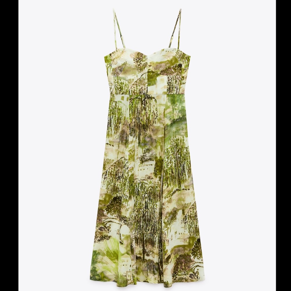 Zara Green and Cream Botanical Print Maxi Slip Dress